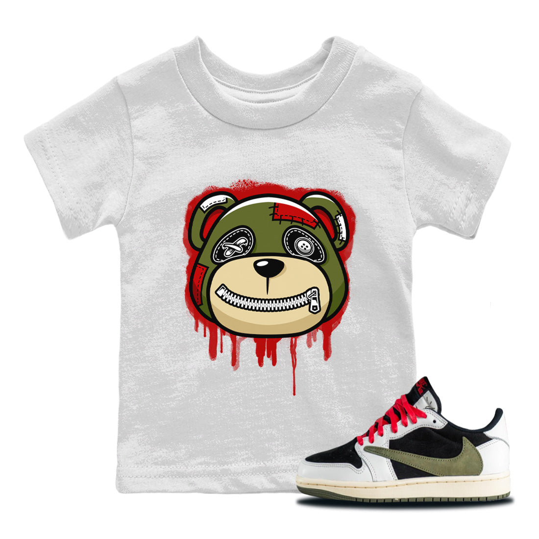 Bear Face Kids Tops - Air Jordan 1 Travis Scott Olive